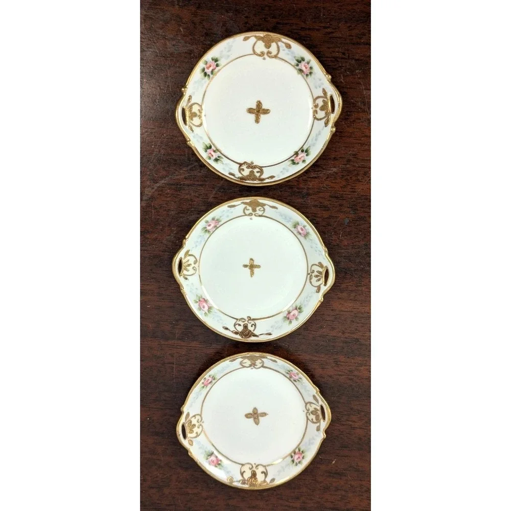 Vintage Hand Painted Nippon Butter Pats Set of 3 Pink Rose Gold Gilt Porcelain